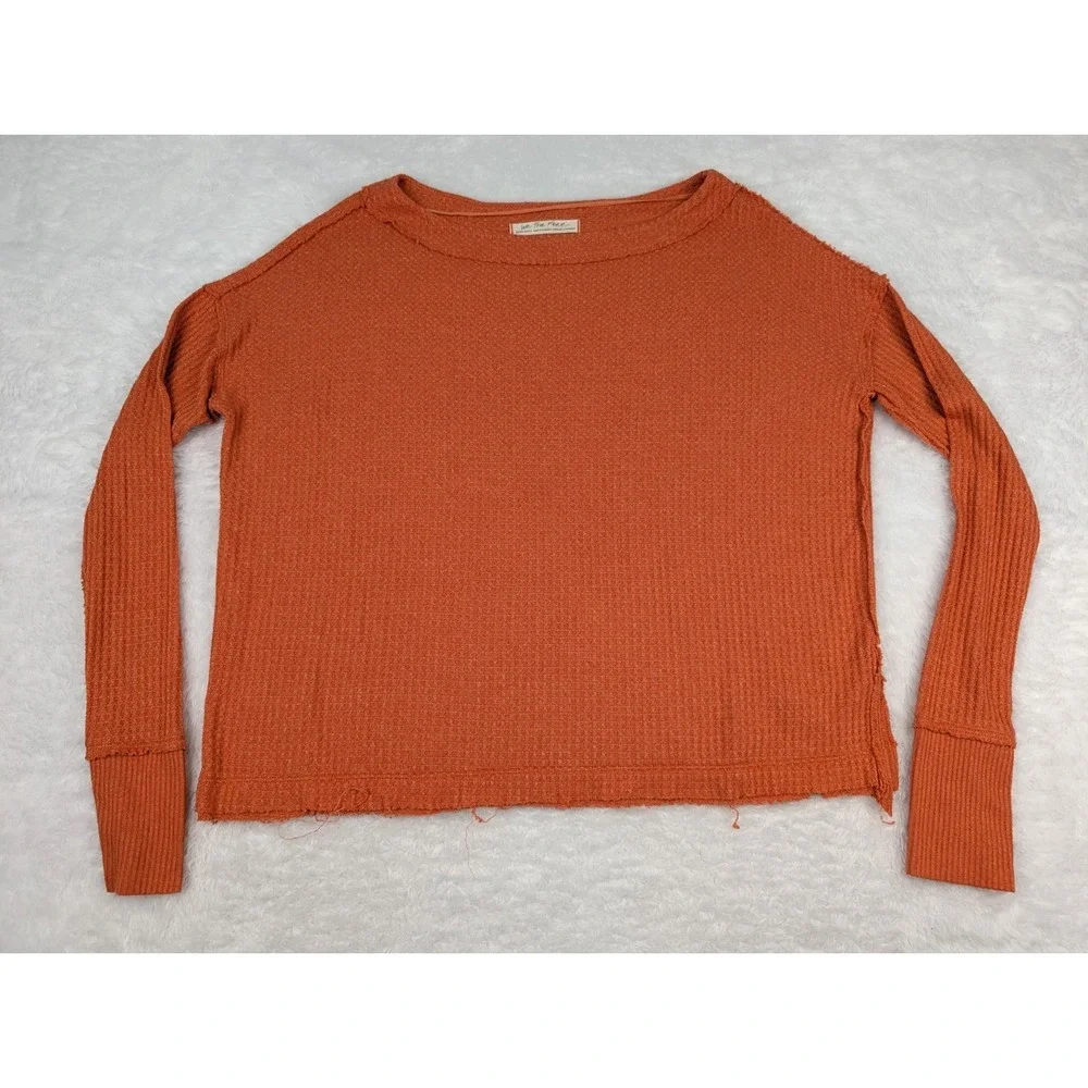 Free People We The Free Top Women's XS Orange Oversized Long Sleeve‎ Waffle Knit